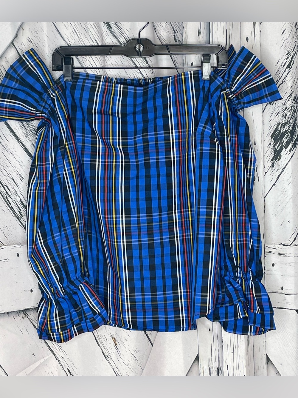 New York & Co. Blue Plaid Off the Shoulder Blouse L